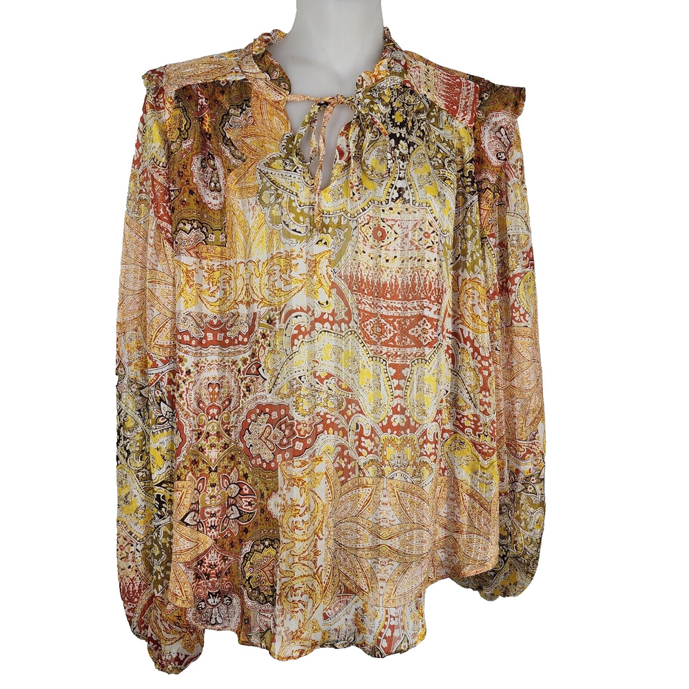 Rachel Zoe Blouse Top Womens Large Paisley Long Sleeve Sheer Ruffle Tie Neck